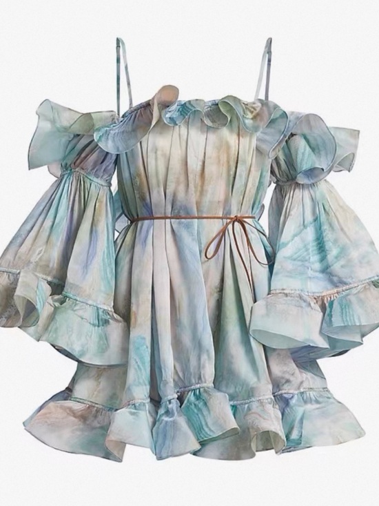 Zimmermann Dresses & Skirts - Pastel Watercolor Ruffle Cold-Shoulder Mini Dress